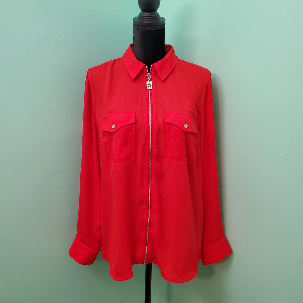 MICHAEL Michael Kors Red Zip-Front Button-Pocket Blouse
